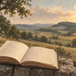 Otwarta książka na tle symbolicznego krajobrazu pól i drzew – ilustracja literackiej podróży po regionie świętokrzyskim.